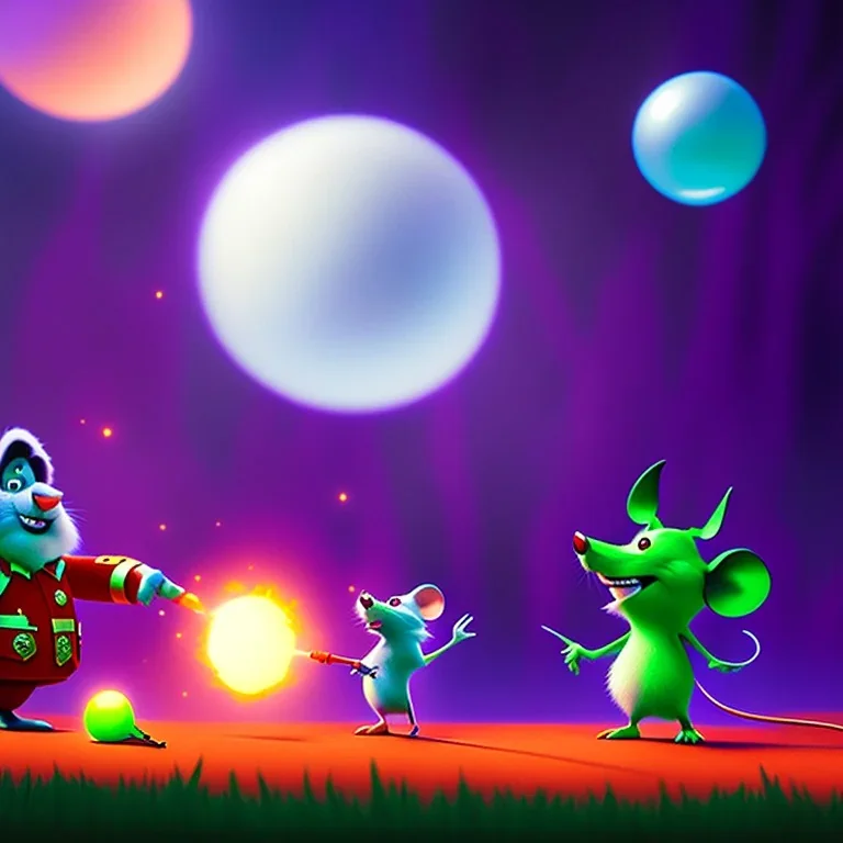 The mouse and the executioner discussing the future of the universe on bubble world, art by Pixar and Dreamworks