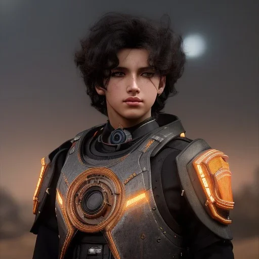 portrait of a teenager boy with curly black hair and amber eyes,steampunk style,8k quality,full body shot, masterpiece, best quality, , sparkling eyes, fluorescent skin, colorful makeup, highly detailed body, scifi, sun light, 4K, RAW, depth of field, high contrast, realistic details, 24mm