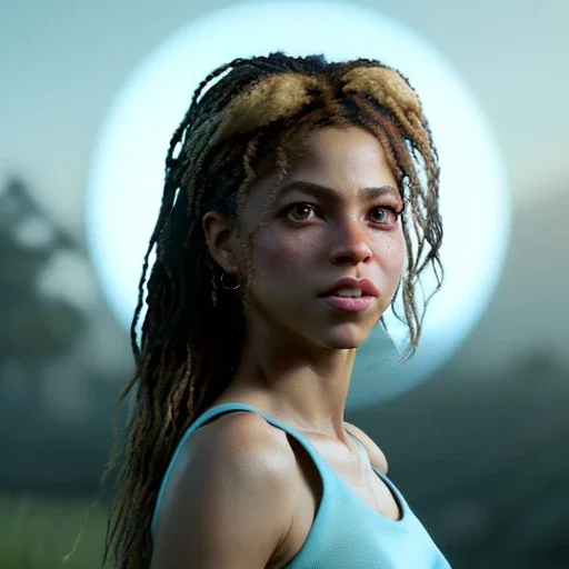 Shakira, 40 years old, artist, Realistic image, waist up portrait, eyes make up, perfect, glow, circle iris. concept art, smooth, unreal engine 5, god lights, ray tracing, RTX, lumen lighting, ultra detail, volumetric lighting, 3d, finely drawn, high definition, 4k.