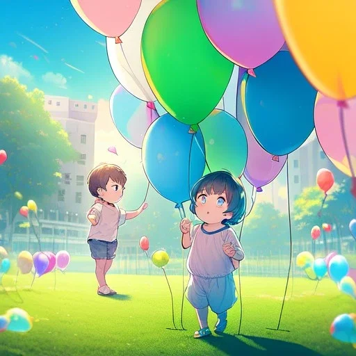 alone young anime child letting go of a balloon, looking up into the sky at the balloon