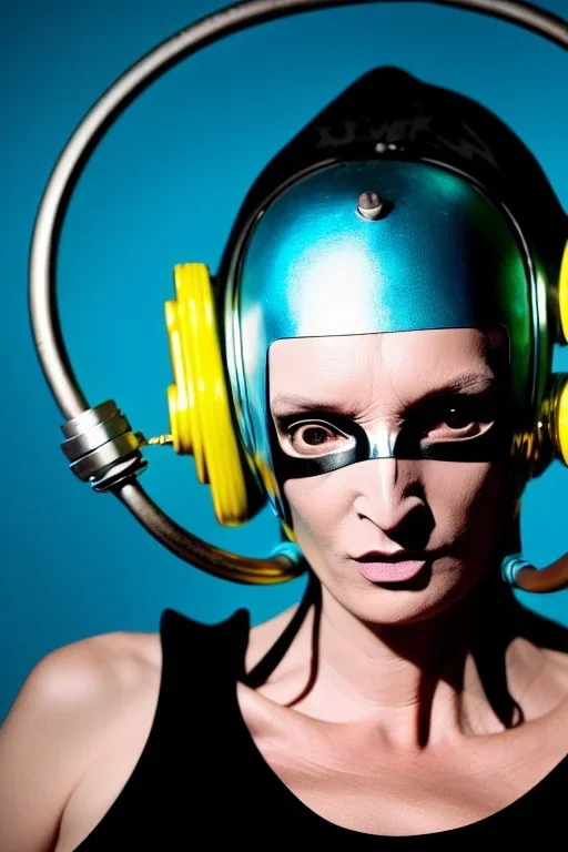 Cyan photograph Cyber-punk woman, mask, AKG-style big headphones, golden rings & disc, Uma Thurman. Fencing mask. Speakers. Kill Bill, steel sword, Hattori Hanso. Thick tights, thick calves, arched fell, wide hip. Old camera lenses, ancient artifact attached, perfect body. Electronic circuits, device, laser. 5-dimensional Escher tiling background. Daft Punk, Tron Movie. Matrix movie clothes, tippet, latex. Wicked sneakers. 1990's, old telephone microphone as mouth. Minimalism fashion Futurism