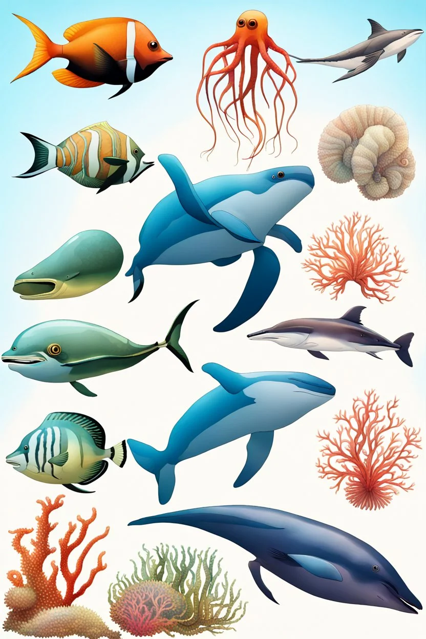 different variations of marine animals montage science book style