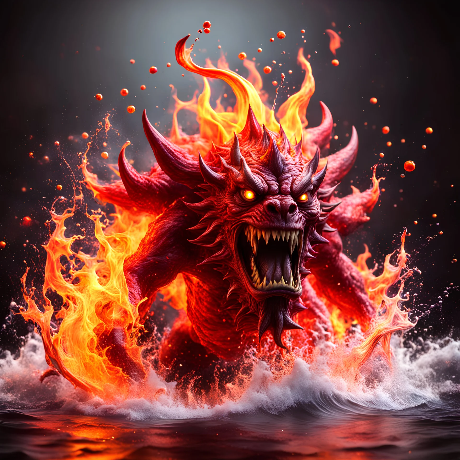 3d, the scariest demon monster clay style, fire splashing of monster out from liquid effect, fire colours, dominating the wave, fully magical hell in the middle, splashes around