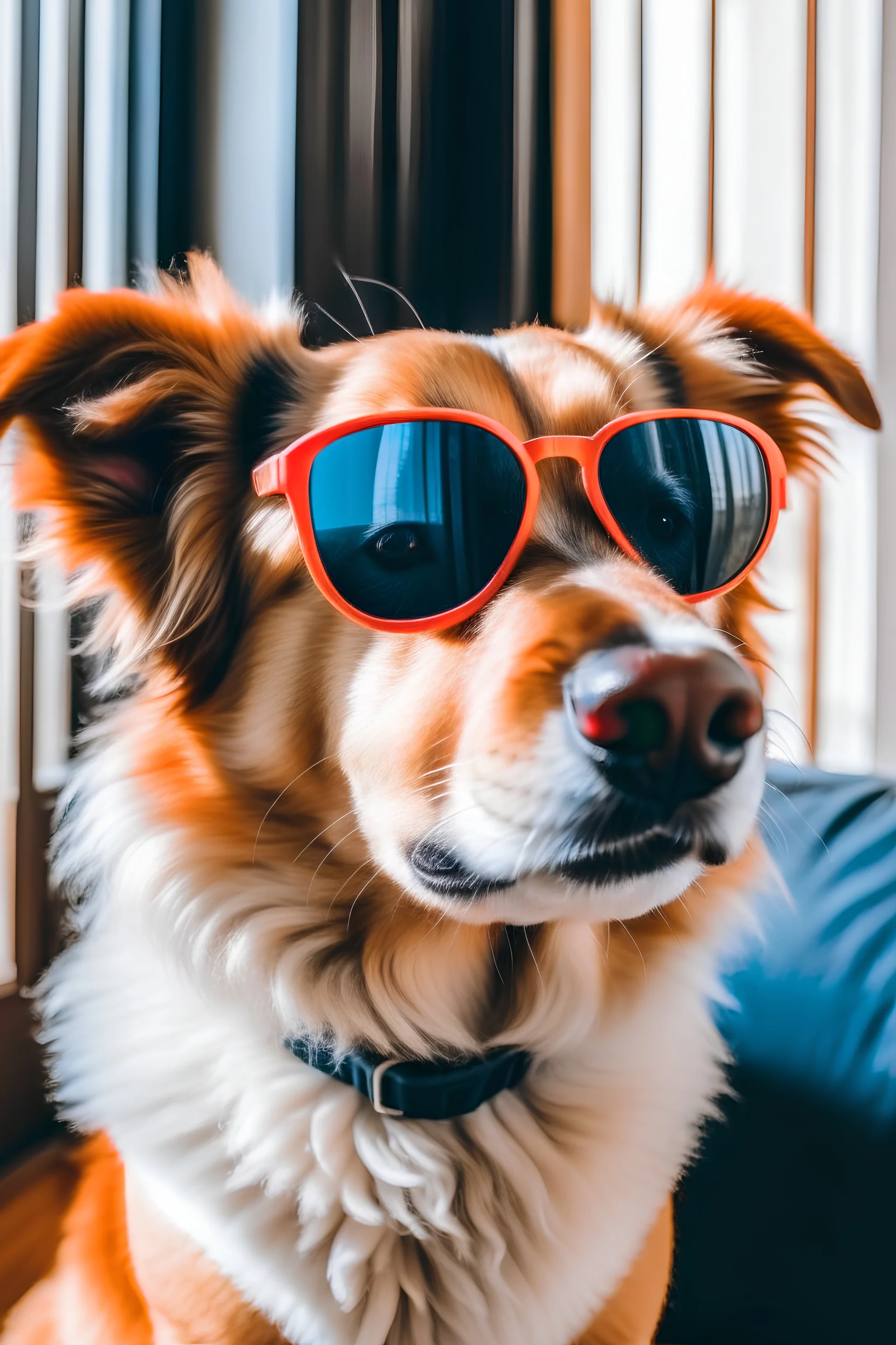 Dog wearing sunglasses at home