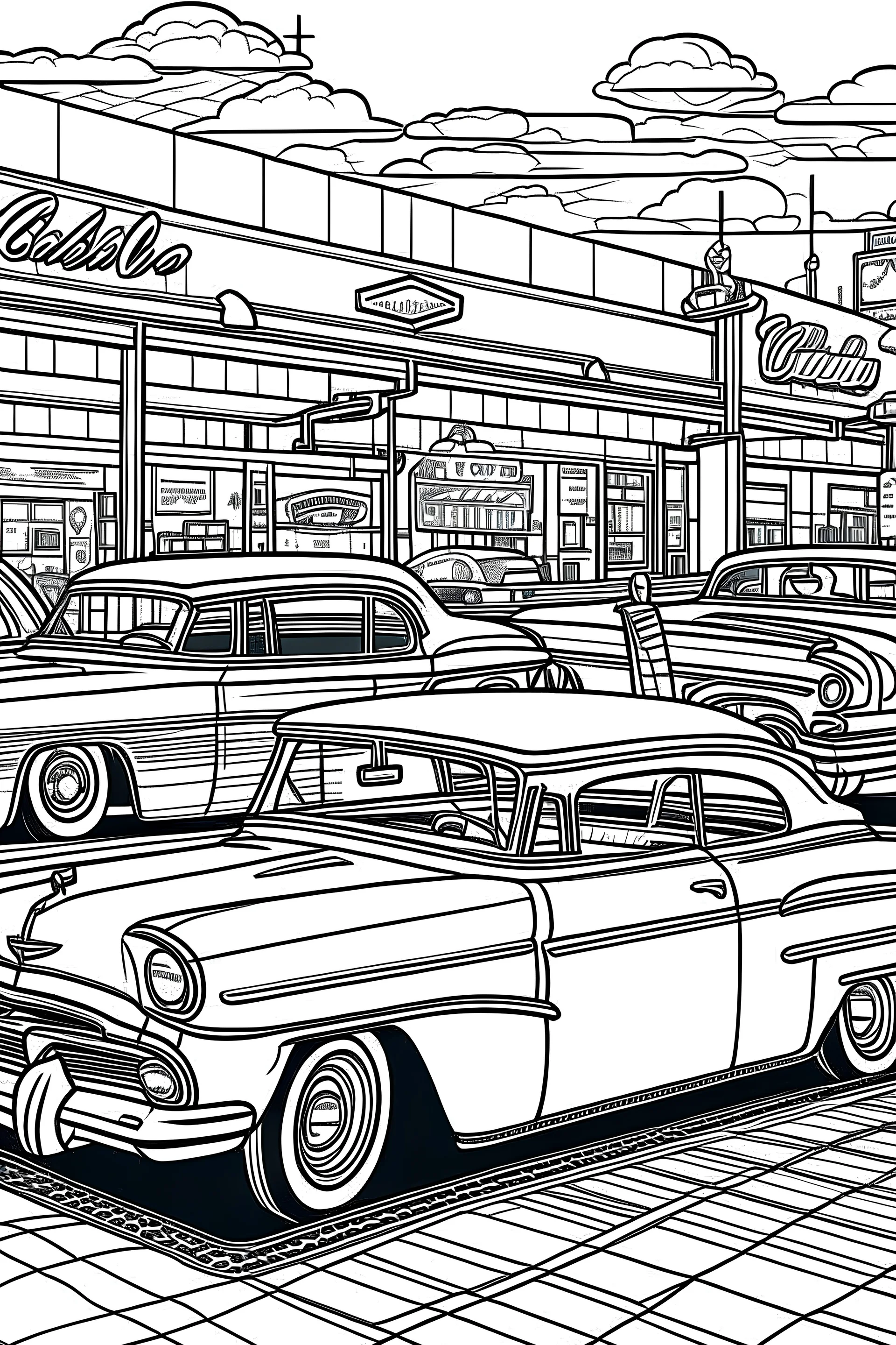 Picture of Retro cars at a diner drive-in with waitresses on roller skates and a neon-lit sign.For coloring in book, thick lines,no background