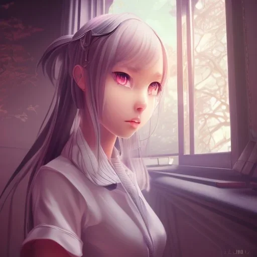 Anime girl studying in room, perfect face, window, nature, unreal engine 5, studio lighting --ar 2:1