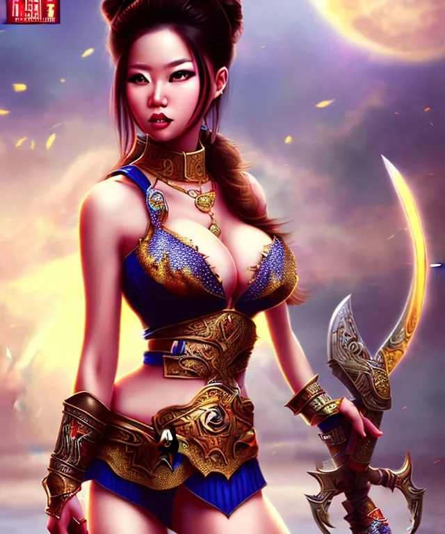 asian milf, warrior princess, sunshine, sexy pose, necklace, fantasy art