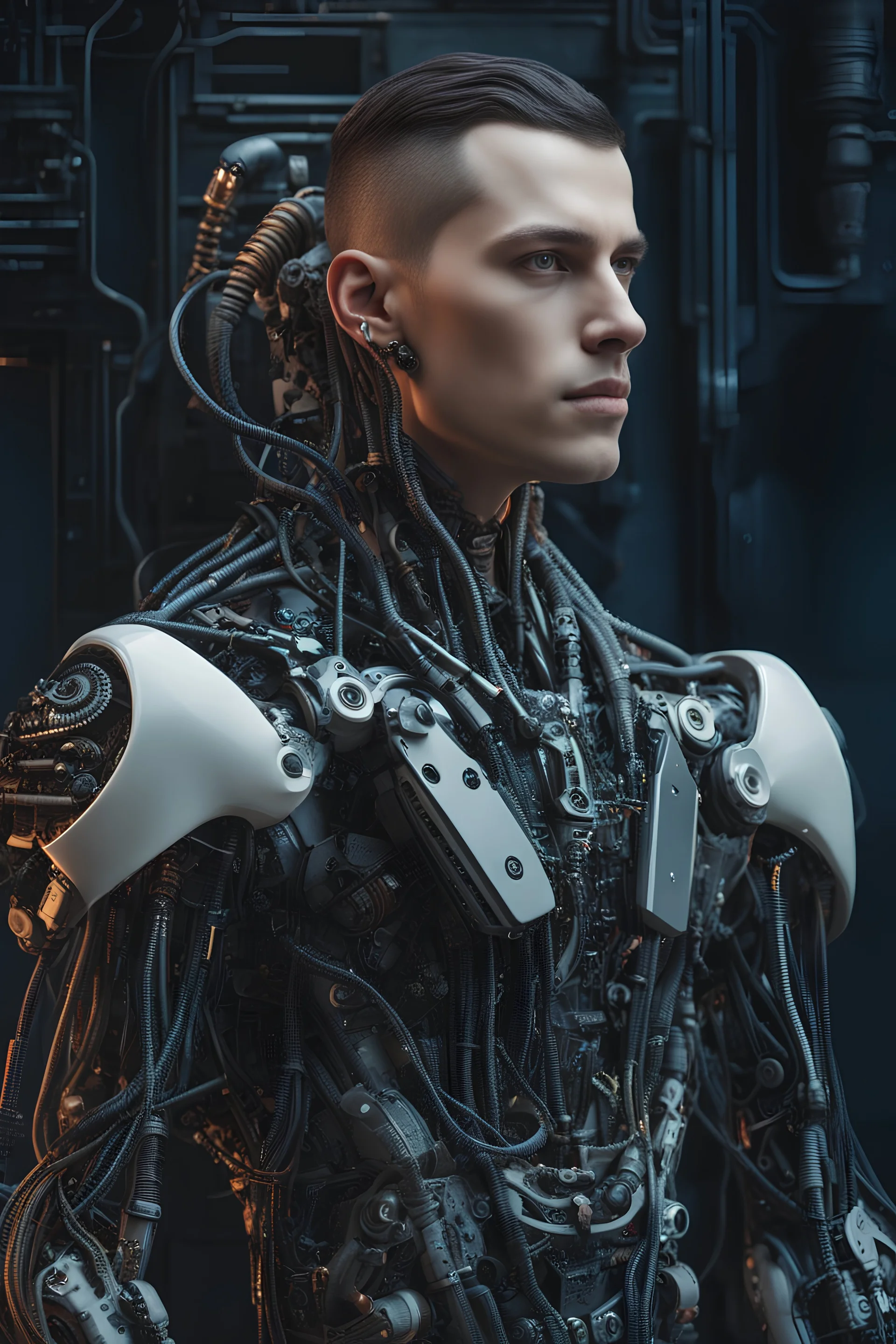 complex 3d render ultra detailed of a handsome porcelain profile young man android face, cyborg, robotic parts, 150 mm, beautiful studio soft light, rim light, vibrant details, luxurious cyberpunk, lace, hyperrealistic, anatomical, facial muscles, cable electric wires, microchip, elegant, beautiful background, octane render, H. R. Giger style, 8k, best quality, masterpiece, illustration, an extremely delicate and beautiful, extremely detailed ,CG ,unity ,wallpaper, (realistic, photo-realistic:1.