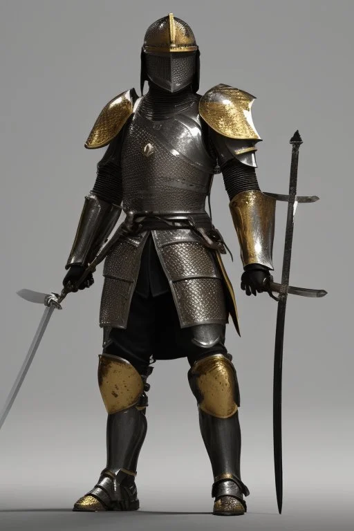 A handsome 30 year old knight, black hair, male bob haircut, in black-and-gold plate armor, golden katana in both hands, no beard, european