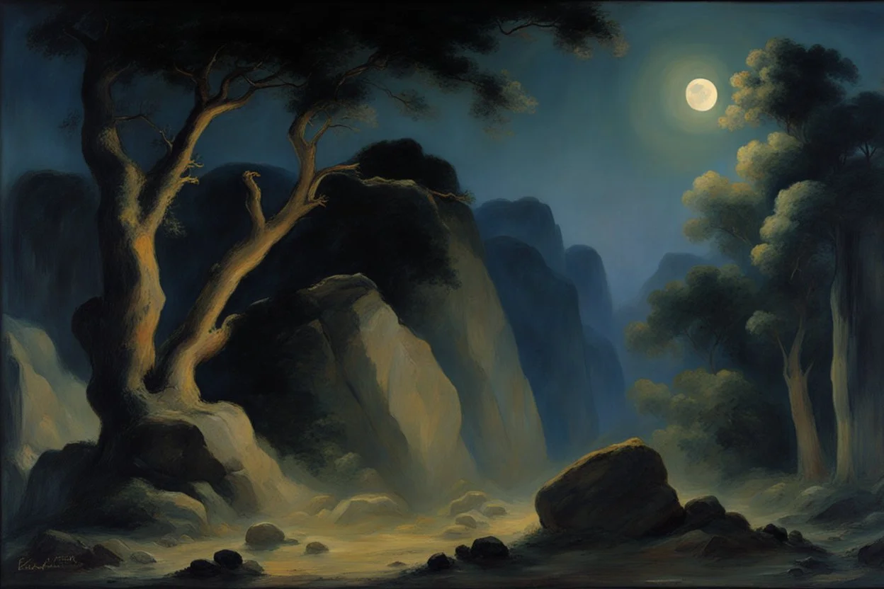 Night, trees, mountains, rocks, friedrich eckenfelder and rodolphe wytsman impressionism paintings