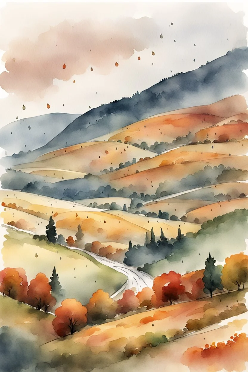 Autumn Czech valley in the rain. - Watercolor and watercolor painted style - Jenna Rainey style