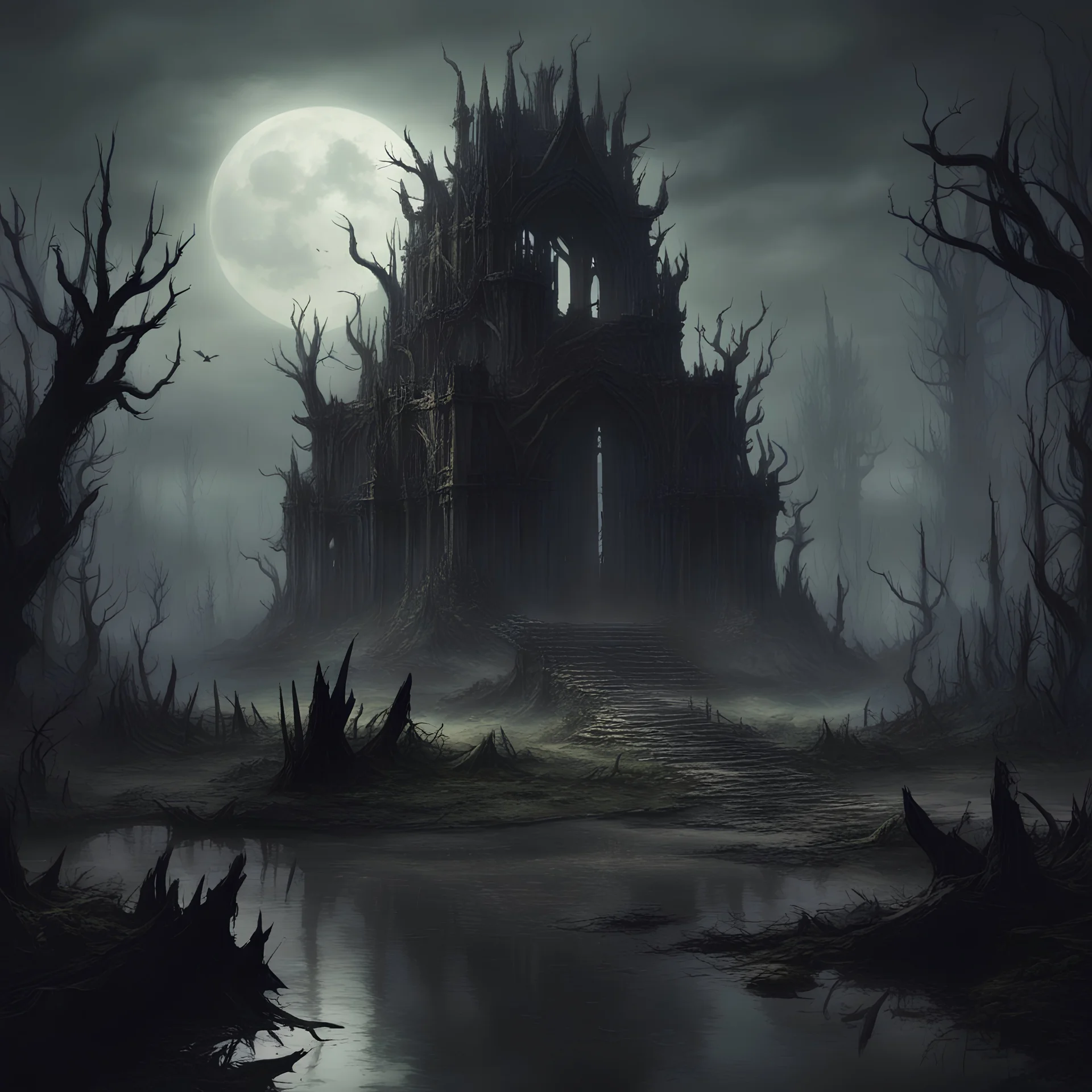 Daedric Ruins dedicated to the Prince of Dreams and Nightmares at night in the swamp nightmares become real, in arcane art style