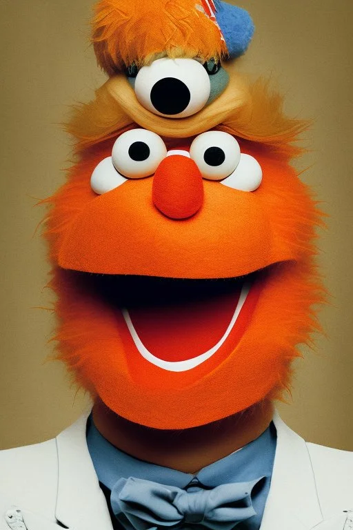 a Film Photograph of an orange Donald Trump Muppet made of felt and fur yelling at everybody