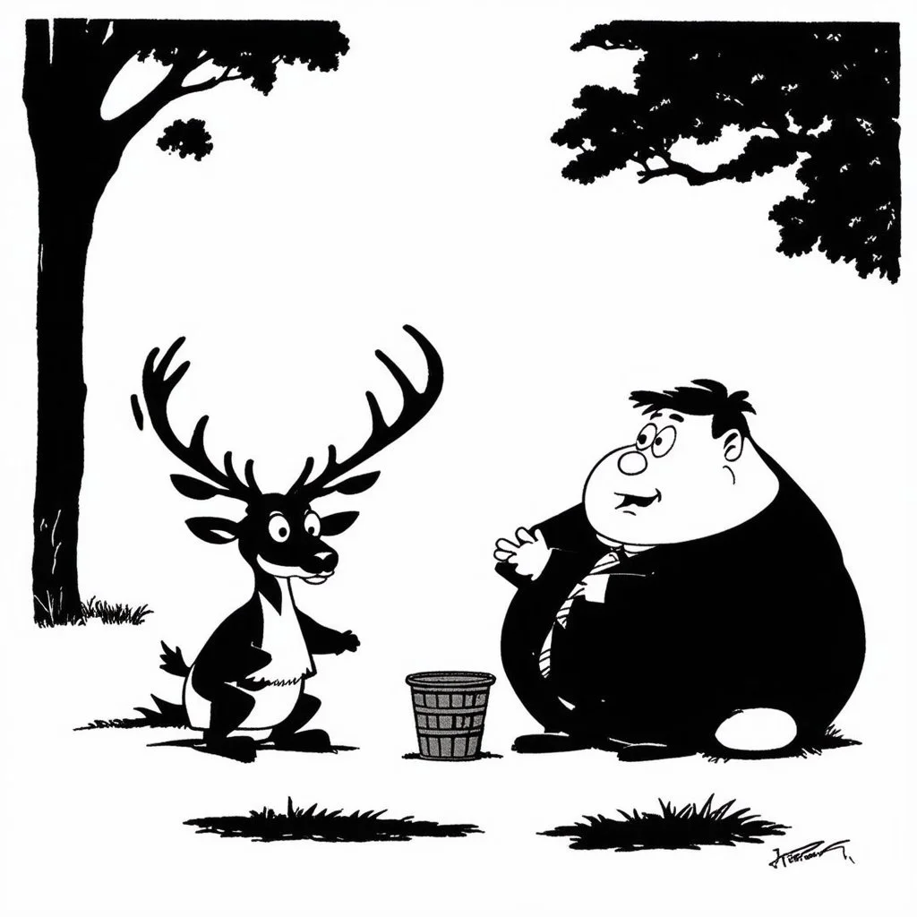 Gary Larson illustration of a quirky deer talking to a fat kid, cartoon cell, black and white