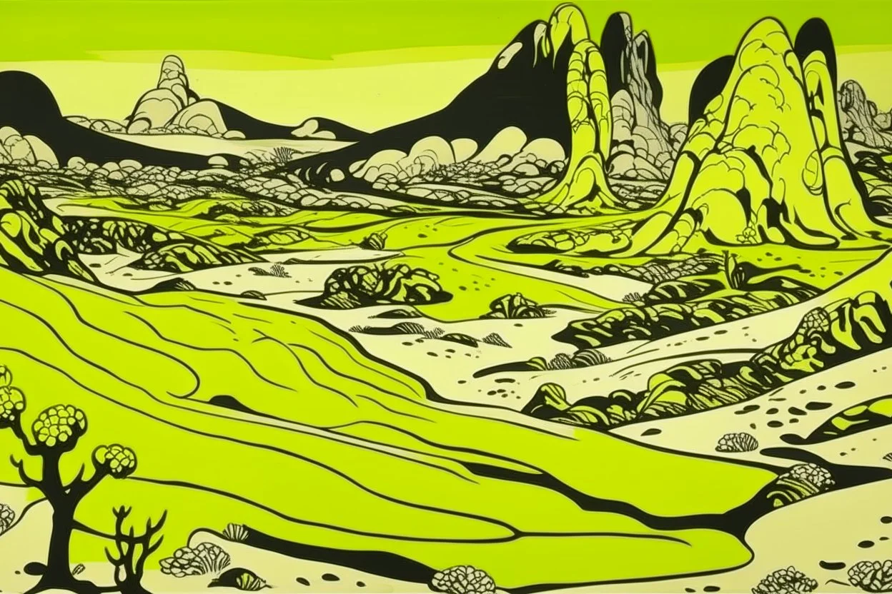 A pale greenish yellow arid wasteland with a cave designed in ancient Egyptian hieroglyphics painted by Roy Lichtenstein