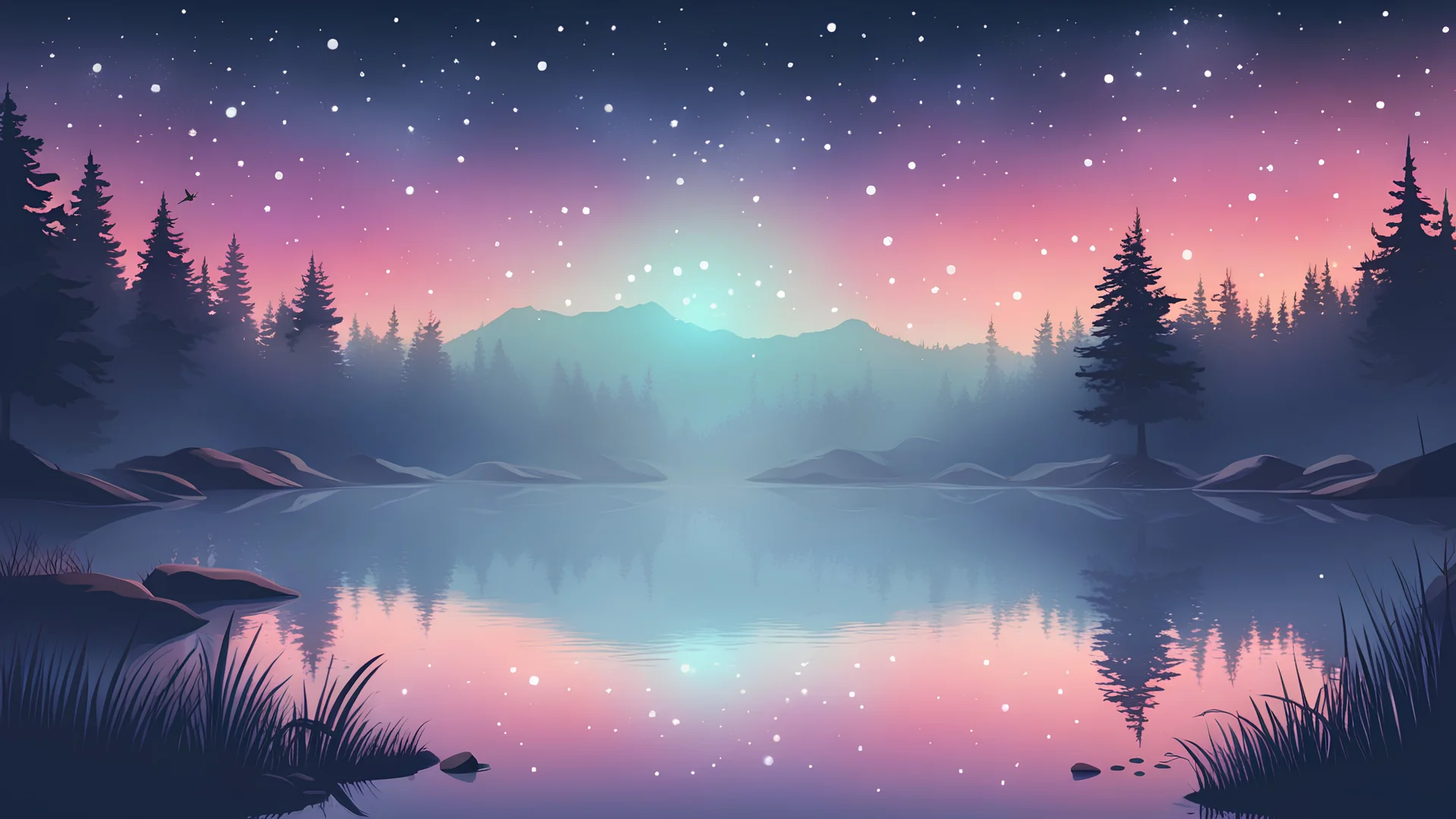 vector graphic of a cozy mist lake in sky full of star