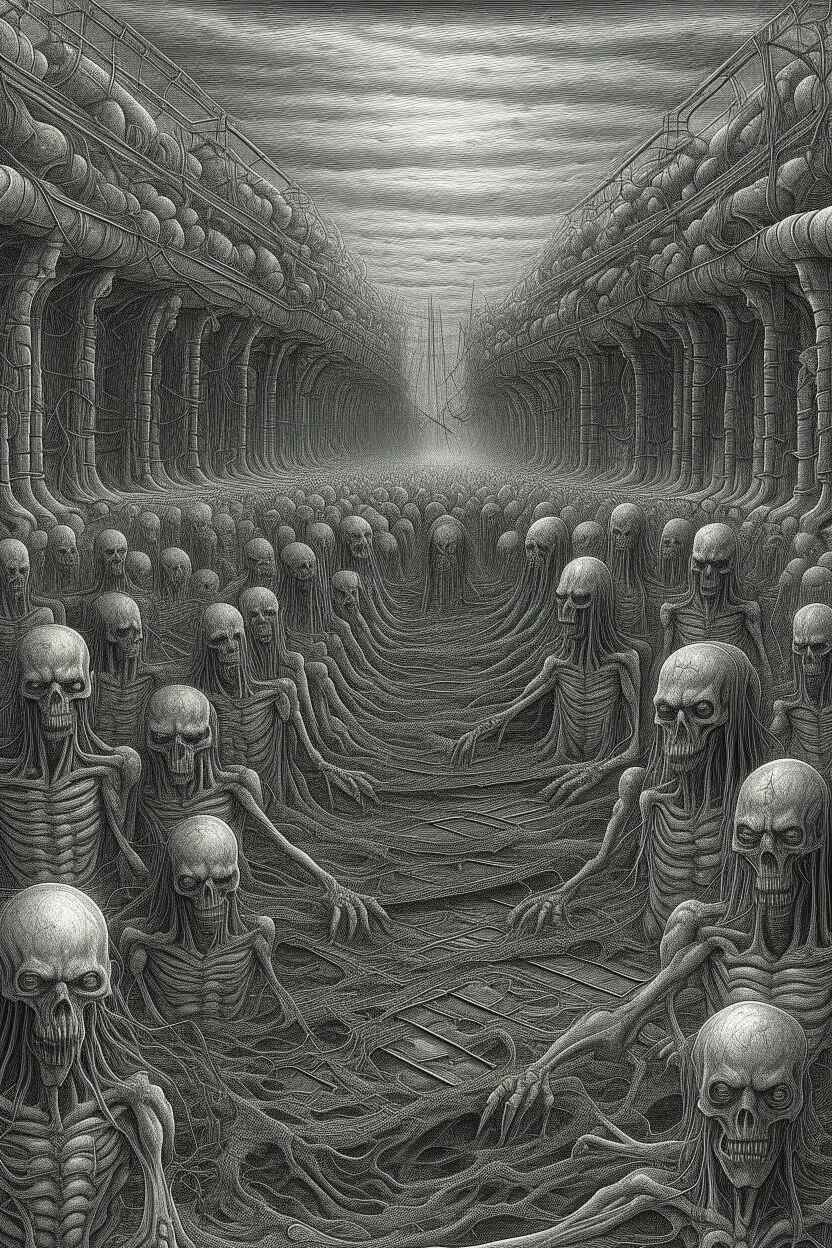 A field of thousands hands , a thin line draw ،front view camera, decayed and rotting with grotesque proportions and imagery. surreal horror, biomechanical design, by hr giger and beksinski , Busch painting style