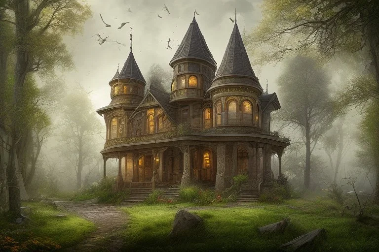 fantasy victorian house surrounded by forest