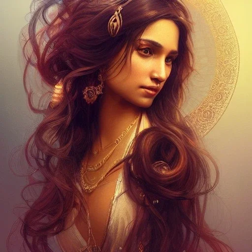  Indian princess , cute, beautiful, long hair, wavy hair, black eyes, head and shoulders portrait, cinematic, 8k, resolution concept art portrait by Greg Rutkowski, Artgerm, WLOP, Alphonse Mucha dynamic lighting hyperdetailed intricately detailed