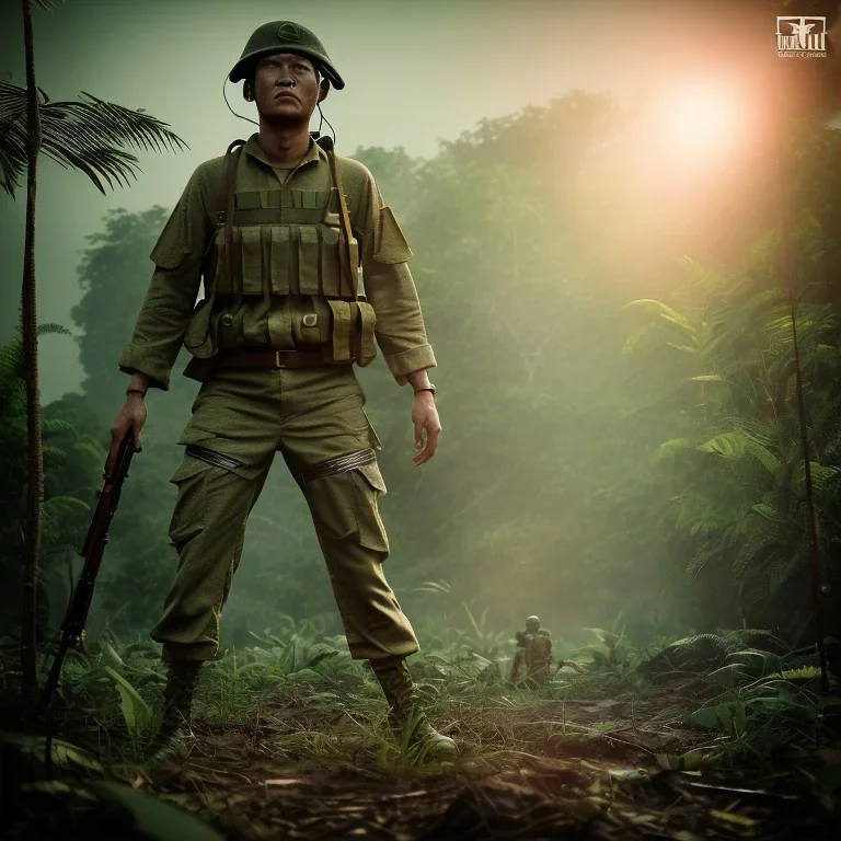 vietnam war. jungle. cd cover. bokeh. lens flare. warm lights. high detailed