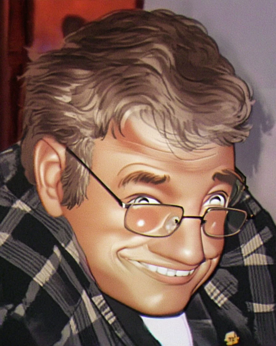 this man smiling wearing glasses and nose oxigen line in a cartoon 3d animation style