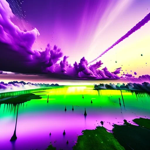 a beautiful clear sky violently exploding and raining dirty colors of purple, green, and brown that muddy the sky, surreal, dreamlike