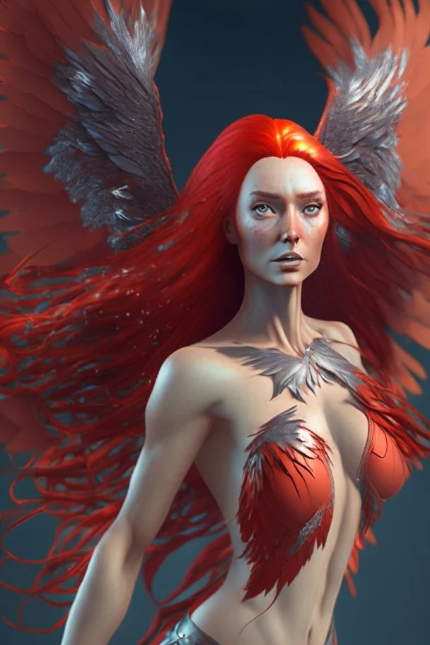 Full body shoot of stunning beauty woman royal phoenix woman with long red hair fluttering in the wind and scaly wings, minimal clothing, extremely muscular, dynamic pose, perfect detailed face, detailed symmetric hazel eyes with circular iris, realistic, stunning realistic photograph, 3d render, octane render, intricately detailed, cinematic, trending on artstation, Isometric, Centered hipereallistic cover photo, awesome full color, hand drawn, dark, gritty, mucha, klimt, erte 12k, high defin