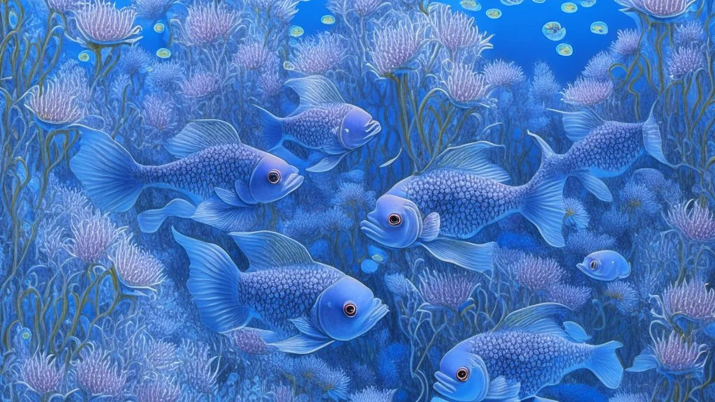 fish swimming in a garden of blue flowers, light blue lavender color, dark blue, detailed photo