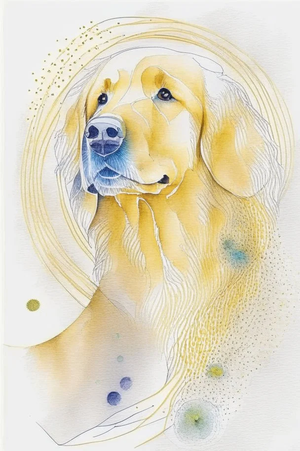 abstract watercolour of a golden retriever dog’s head in the style of Valerie Davide with bifurcated circles and thin pencil lines