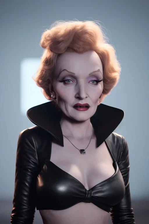 young Marlene Dietrich as evil queen in black leather gown, angry, busty, curvey, cleavage, unreal 5, octane render,cinema4d, dynamic lighting, dramatic lighting, 4k, redshift render, highly detailed, hyper realistic