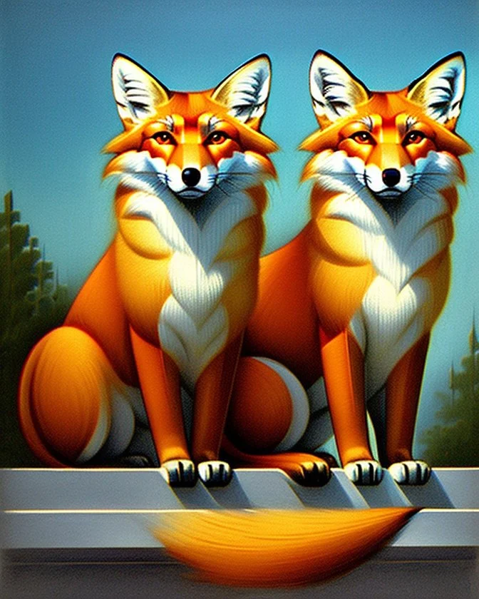 Drawing of two art deco foxes ultra quality