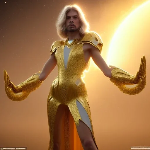 beautiful cosmic golden male, long hair, nice smiling, delicate colors, beautiful glamour galactic golden dress, ultra sharp focus, 8k, unreal engine 5, extremely sharp detail, light effect, soft light atmosphere of a spaceship, smooth, full of details, face in front, complete vision of face and body