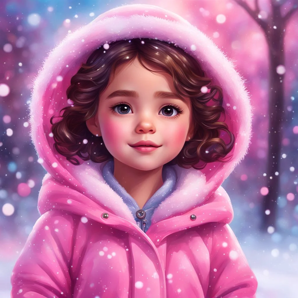 Digital painting of a cute little girl in a stylish pink jacket, front view, Anna's face, dark wavy hair, hazel eyes, rosy cheeks, pink lips, Disney art, snowfall, colorful bokeh background, digital painting style, High Quality, 4k