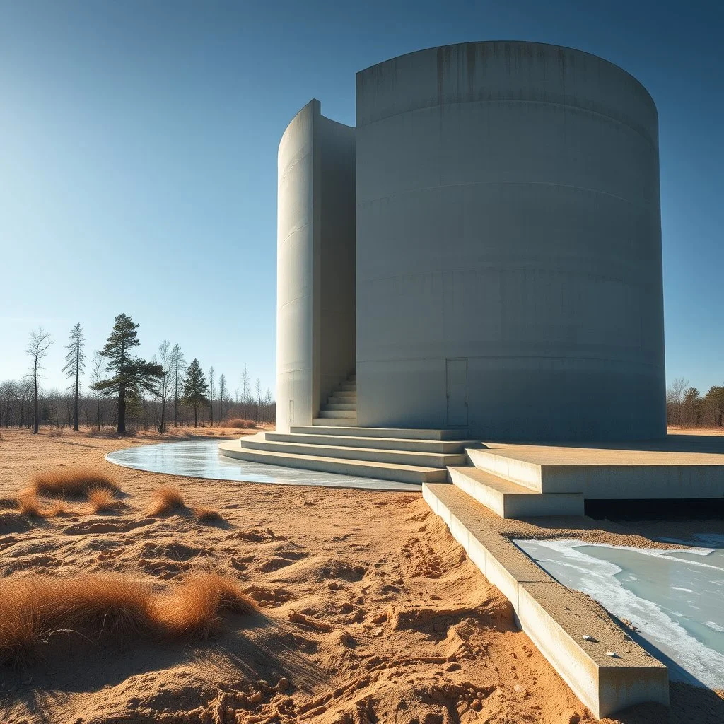 Photograph, wasteland, taiga trees, bright, brutalist steps, huge cylinder, blue, daylight, all'aria aperta, icy pond, sky, brutalist, liquid, polvere, open air museum style, blue, apparecchi elettronici, powder, punto giallo, minimalist, details of the dust very accentuated, deep 3d field