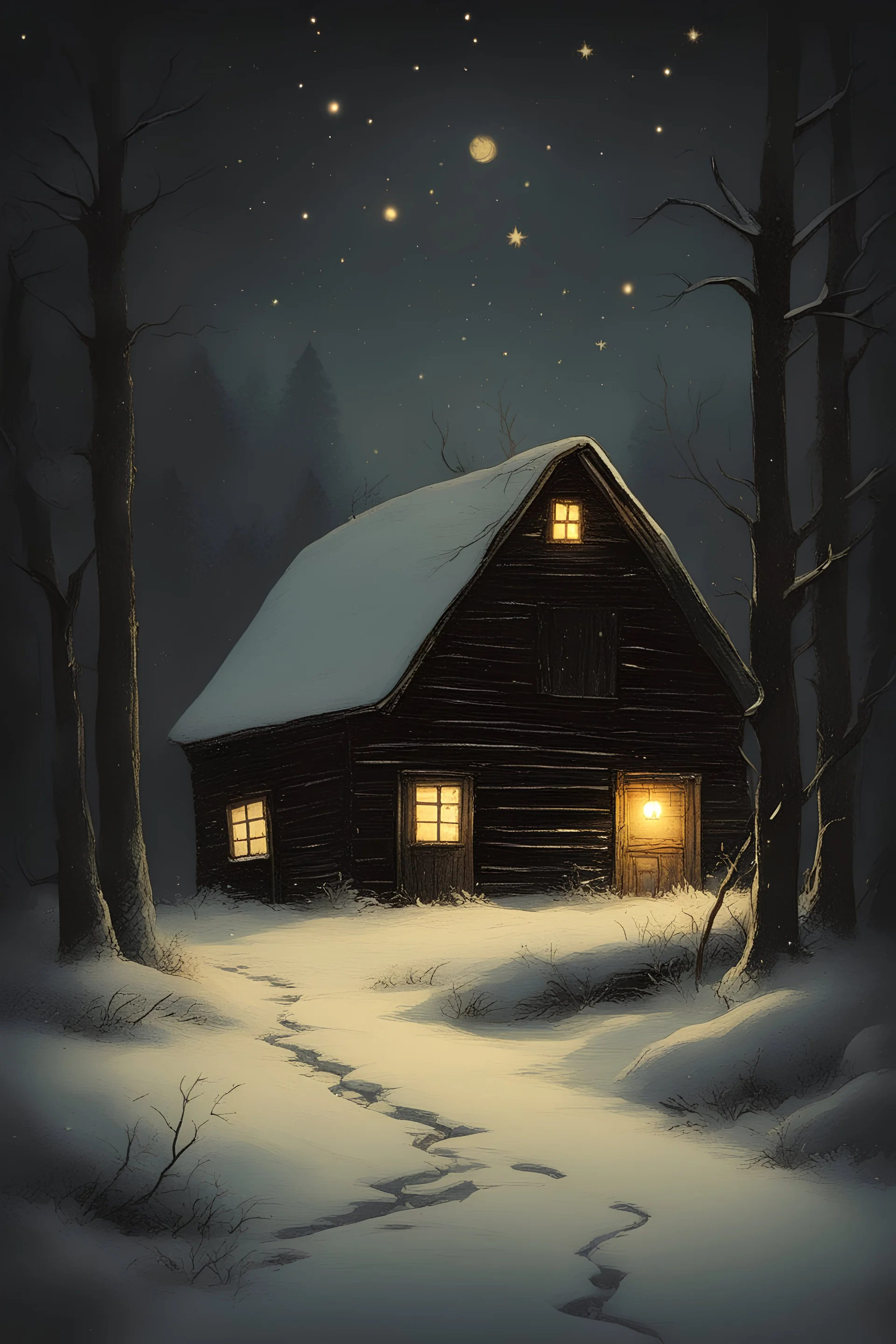 old oil lanternd surriunded by little gold stars in deep snow infront of a small barn in the woods, scetched style, colours dark, wind