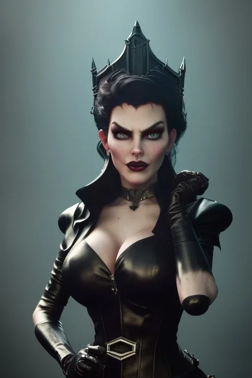 Amy Dumas as evil queen in black leather, leather, busty, cleavage, angry, rage, stern look. character design by cory loftis, fenghua zhong, ryohei hase, ismail inceoglu and ruan jia. unreal engine 5, artistic lighting, highly detailed, photorealistic, fantasy