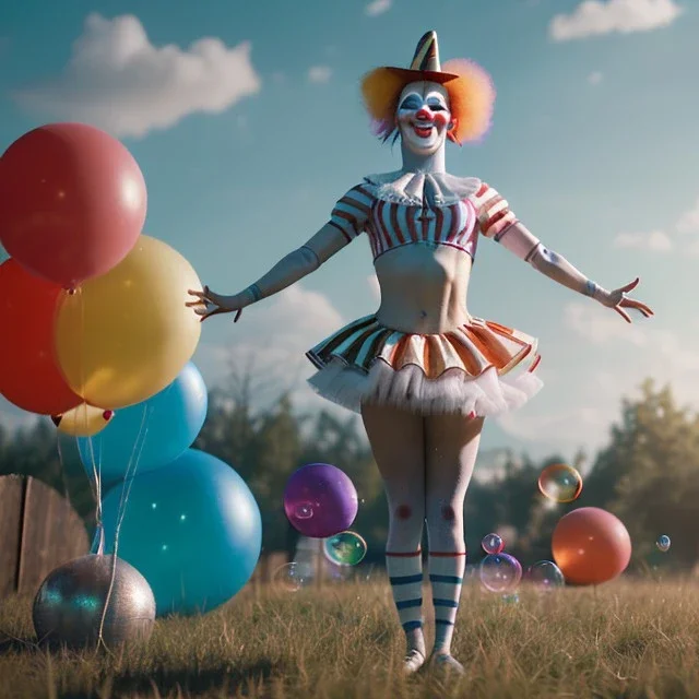 Ultra realistic circus scene. clown sweet woman, waist up view, Wes Anderson style, happy, bubbles, highly detailed, concept art, unreal engine 5, god rays, ray tracing, RTX, lumen lighting, ultra detail, volumetric lighting, 3d, finely drawn, high definition, high resolution.