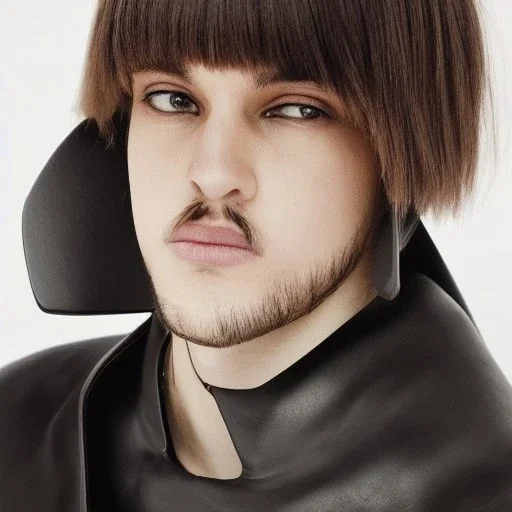 a young man wearing leather pants, a poncho with a bowl cut and light facial hair