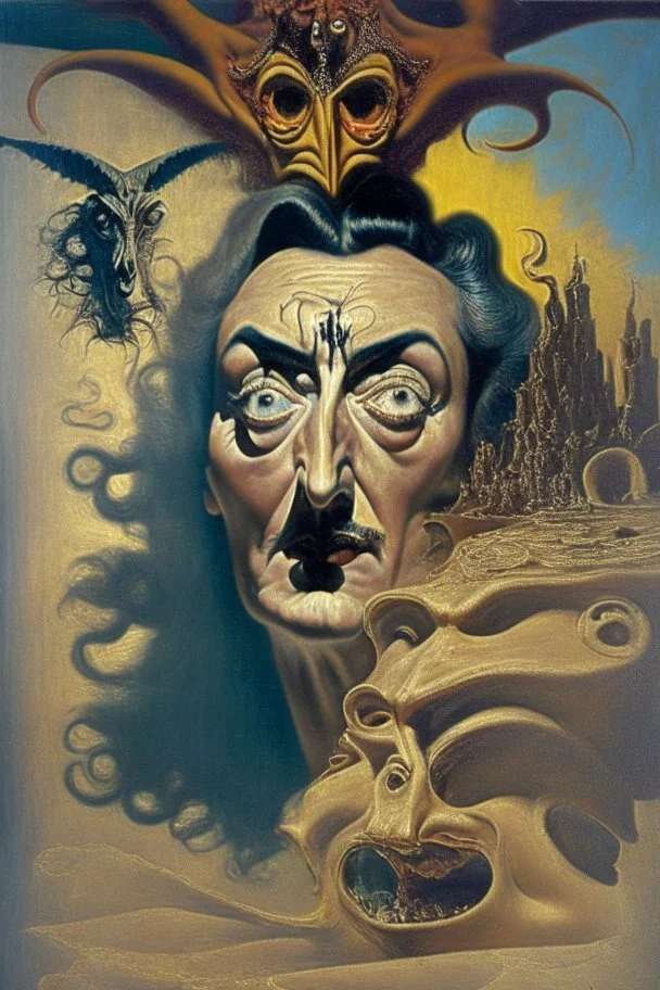 Artwork entitled "Devil's Bargain" depicting Salvador Dali's self-portrait as the woman he hated; surrealism; award-winning, intricate, insanely detailed, elegant. Right? Left?