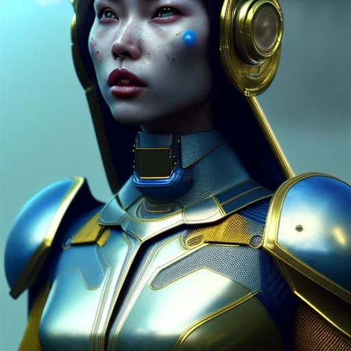 woman, asian, blue, painted face, round helmet, decorative color feathers, retro futuristic, latex coat, soft color, highly detailed, art stations, concept art, smooth, unreal engine 5, god rays, ray tracing, RTX, lumen lighting, ultra detail, volumetric lighting, 3d, finely drawn, high definition, high resolution.