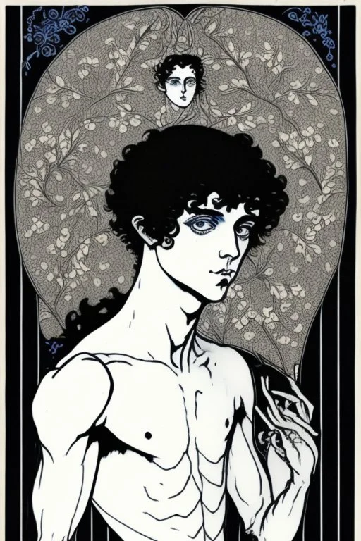 Black haired blue eyed freckled young male satyr alchemist in the style of aubrey beardsley