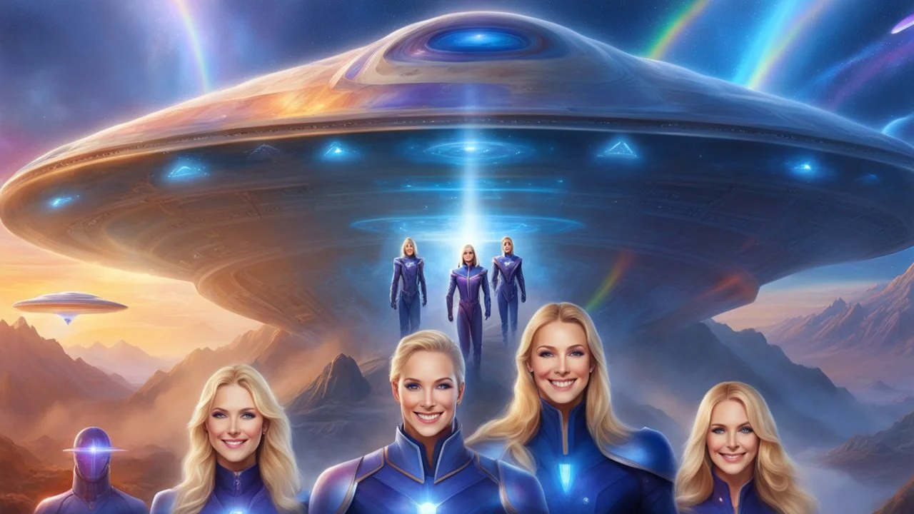 ufos rainbows,beautifuls paysages, fantastic colours,cosmic woman ,beautiful ufos rainbow, admiral from the future, galactic confédération, fine whole face, crystalline skin, expressive purple eyes,rainbow, smiling lips, very nice smile, costume pleiadian, Beautiful tall woman pleiadian Galactic commander, ship, perfect datailed golden galactic suit, high rank, long blond hair, hand whit five perfect detailed finger, amazing big puple eyes, mouth, high définition lips, cosmic happiness, bright