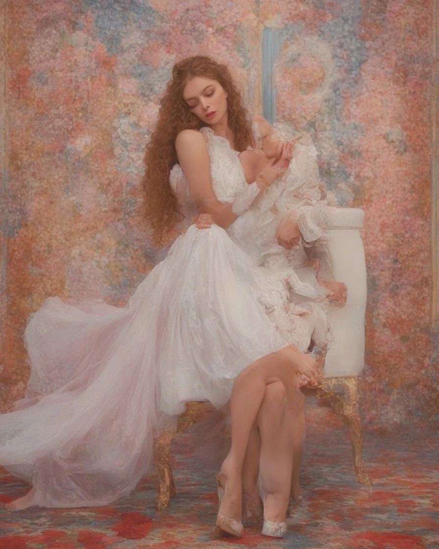 Masterpiece, fine art, award winning, "like Gustav Klimt : the Kiss in a chair" 2 w, RAW photo, eye candy in the style of (petra collins::Robin Eley:1.5), (Suhaila Ben Lachhab::Heidi Moussa:1.5) in breathtaking cinematic shot (full body shot, from below angle) that emphasizes the stunning cheek bones, texturized black hair,(big detailed eyes:1.5) (cottagecore aesthetic:5) with extreme sensuality, Irresistible with (porcelain skin:4.8), sitting on an old chair, retro vintage style