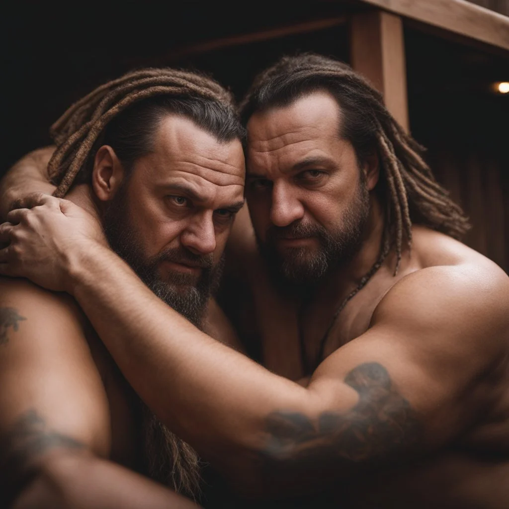 half figure shot photography of two angry gipsy 41 years old burly chubby ugly men embracing tightly, dreadlocks, shirtless, in a sauna