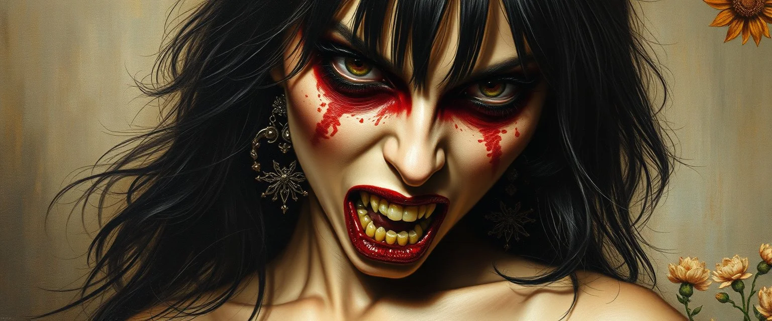 master oil painting by Rembrandt, good afternoon bitch scary hot seductive female vampire stylistic poster, in the style of Giger