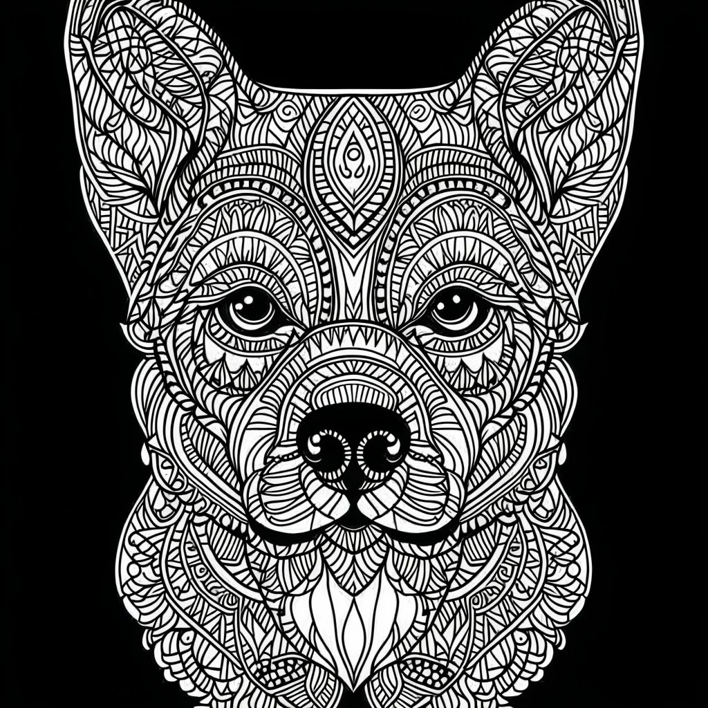 Dog, cartoon, mandala, real style, realistic, minimalistic, minimal black line art, line art, crisp line art, unique coloring sheet, outlined, outline, crisp, crisp line edges, illustration, crisp clear lines, line art, clean line art, unique, 8k, amazing, masterpiece, no colors, no dark color, no black color, avoid thick black, minimalistic line edges, white back ground color,