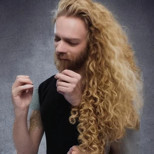  man with long blond curly hair, full body, flesh tone, real photo, soft lighting