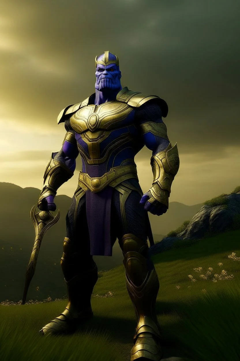 Thanos, the commander of the army of aliens and the king of the entire galaxy, is ready to go on a campaign with his two large swords, his very beautiful and impenetrable armor with his golden helmet, standing on top of a hill with his sword with infinity gauntlet