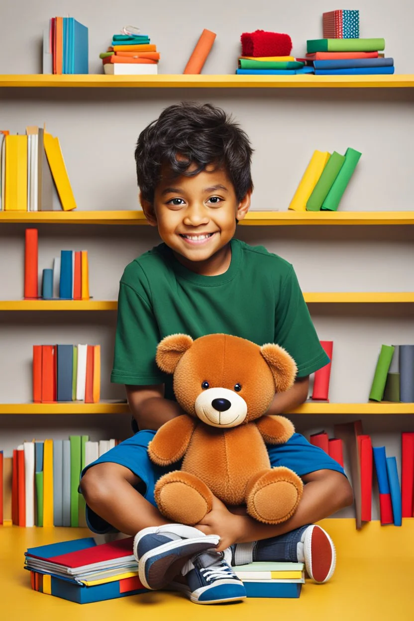 a young boy sitting on a shelf holding a teddy bear,7 years old, shirt