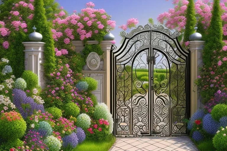 intricate ornate gate, garden, path, flowers, fine detail, high quality